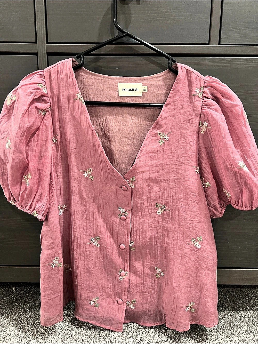 POLAGRAM Floral Puff Sleeve Blouse in Pink Size Small Like New